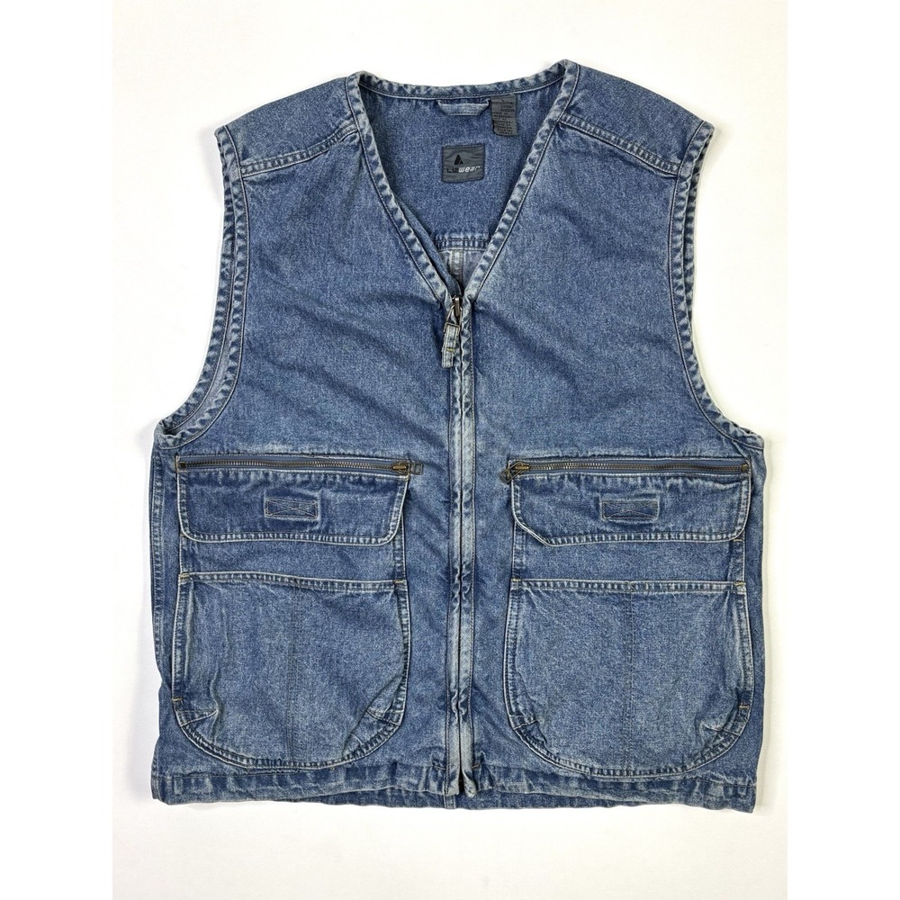 LizWear Denim Vest Women's Large Vintage Utility Blue Multi Pocket Zip